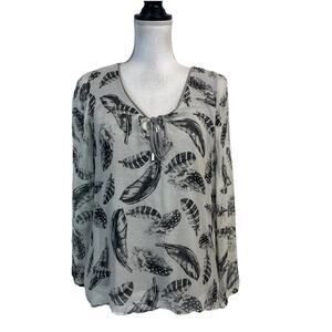 Hale Bob Blouse Women's Size S Gray Sheer Feathers Boho Peasant Lagenlook Casual